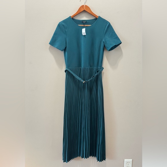 Ann Taylor Deep Teal Green Belted short sleeve Pleated Midi Dress, sz 8 - Picture 9 of 11